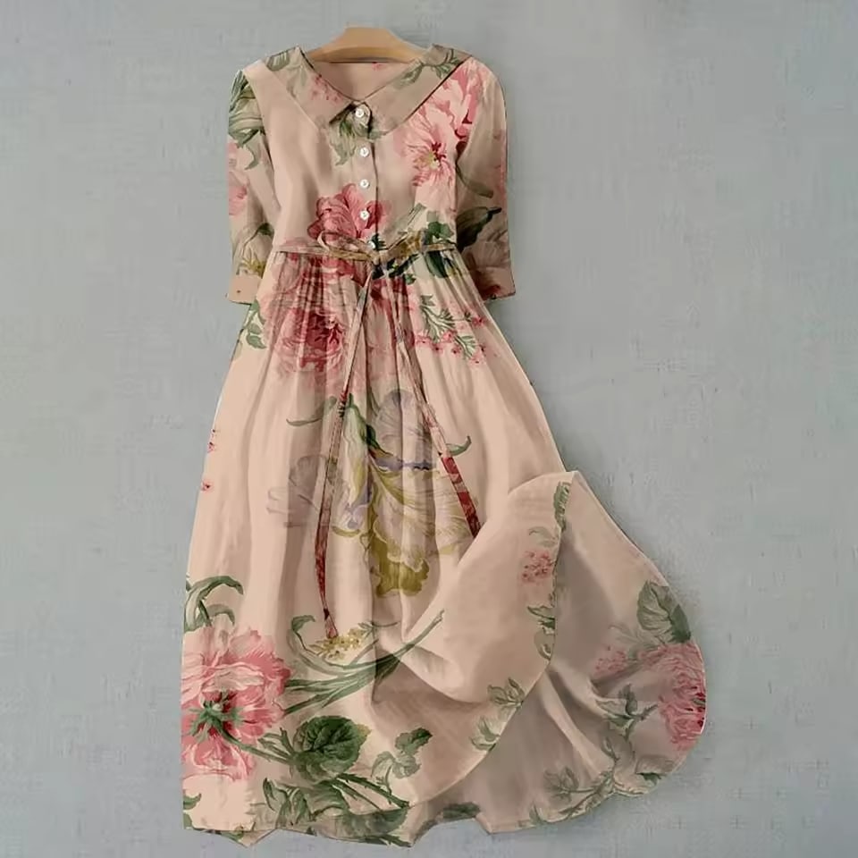 Elegant Women French Style Shirt Long Dresses Summer Slim Fit Lapel Button Up Sundress Casual Boho Style Mid Length Sundress